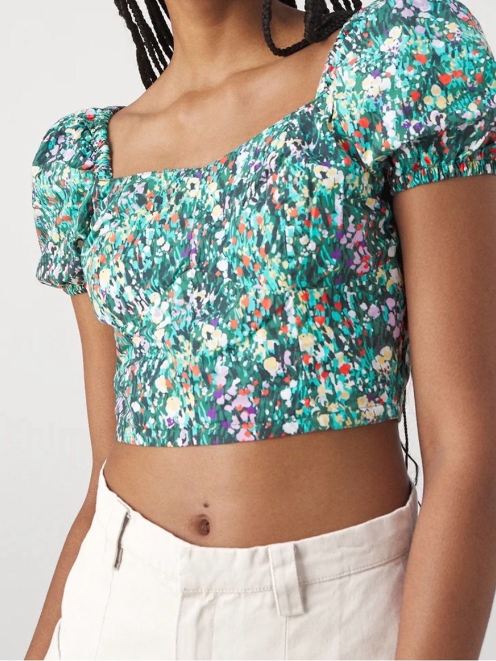 Obey Green Floral Puff-Sleeve Crop Top